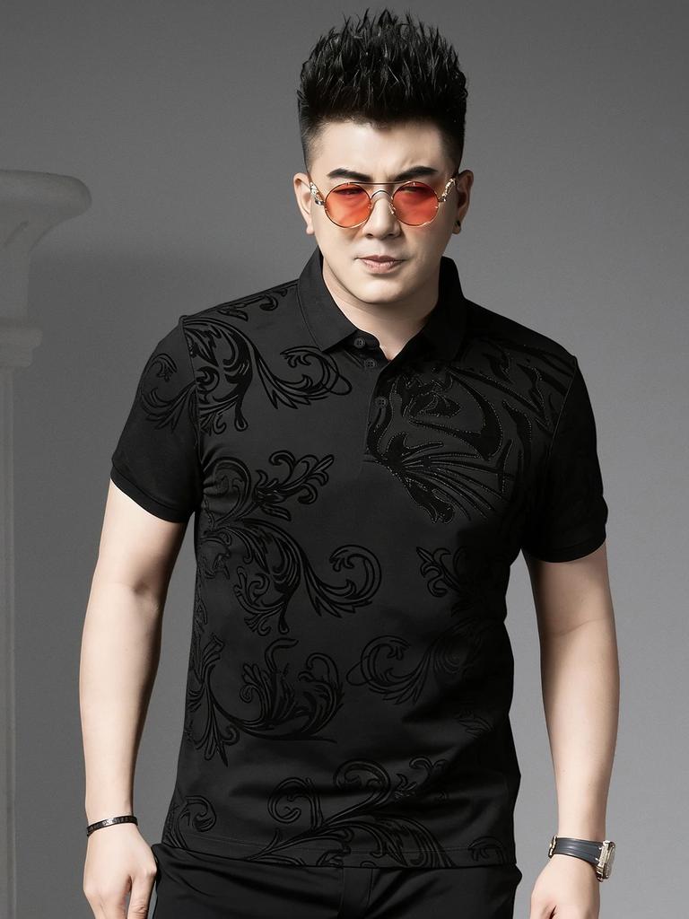 European Style 2026 New Trendy Brand Velvet Print Polo Shirt for Men, Summer Fashion Rhinestone Turn-Down Collar Short-Sleeve T-Shirt for Men