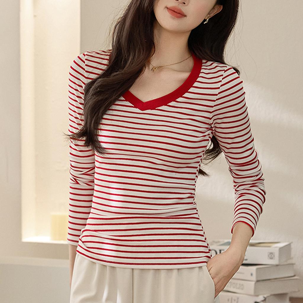 Striped V-neck Long Sleeve T-shirt for Women In Autumn New Style Slim and Versatile Shoulder Top