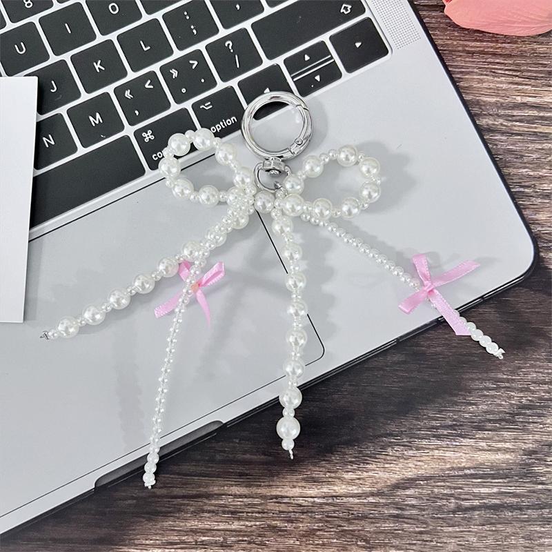 Women Girls Keychains Rings Holders Pearls Silk Ribbon Sweet Y2K Bag Pendants Creative