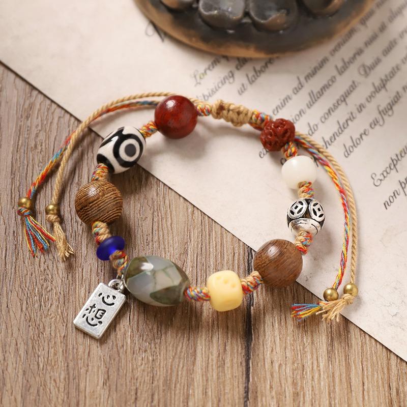 Винтажный плетеный браслет с тибетской бусиной дзи, нишевый дизайн, мужской и женский шнурок для руки, аксессуары