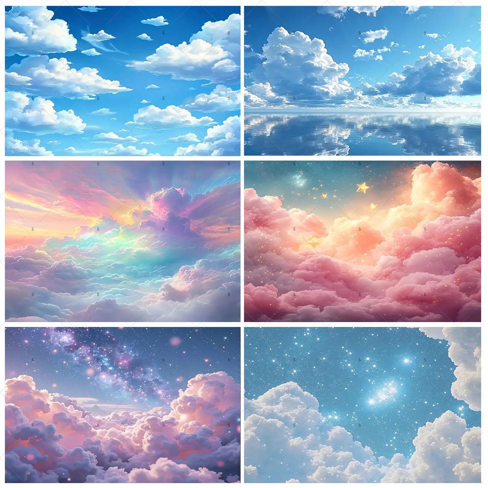 Dreamy Blue Sky And White Clouds Photography Backdrop Supplies Natural Scenery Wedding Party Decor Background Photo Shoot Props