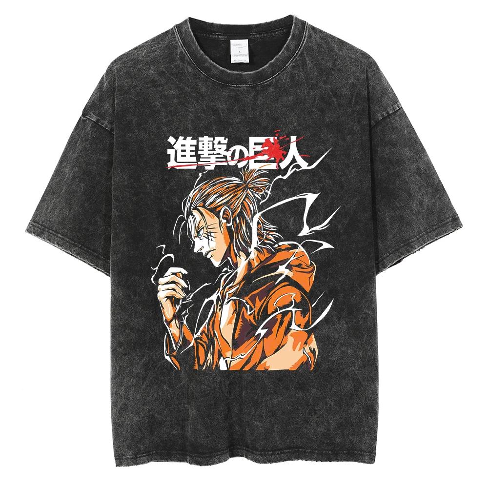 Мужские футболки Харадзюку с аниме-принтами Streetwear Винтажные Хлопковые футболки Оверсайз с кислотной стиркой Свободные Топы с коротким рукавом Футболки