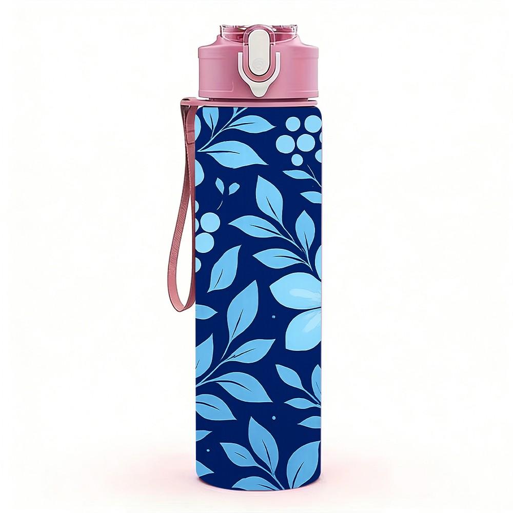 1PC Dark Blue Small Floral Seamless Print 750ml Color Plastic Sports Water Bottle Leakproof Flip Straw Lid Suitable for Sports Office Home Use