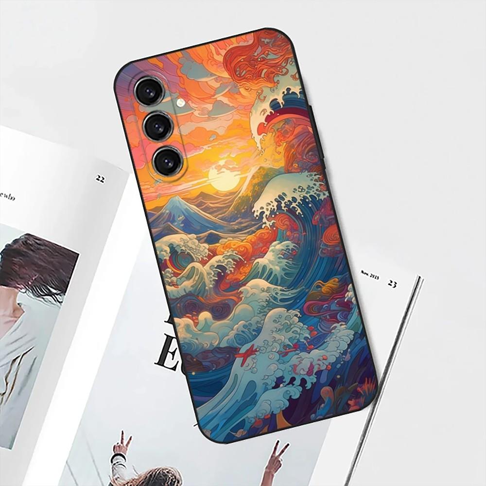Чехол для телефона Ukiyo Океанские волны Для Samsung S25, S24, S21, S22, S23, S30, Ultra, S20, Plus, Fe, Lite, Note, 10 Черный Мягкий