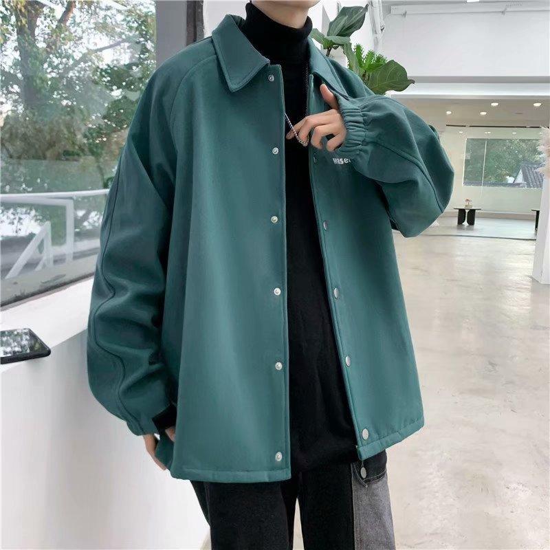 Мужские весенне-осенние новые куртки с контрастной вставкой, отложным воротником, на пуговицах, с карманами, модные однотонные свободные повседневные куртки с длинными рукавами