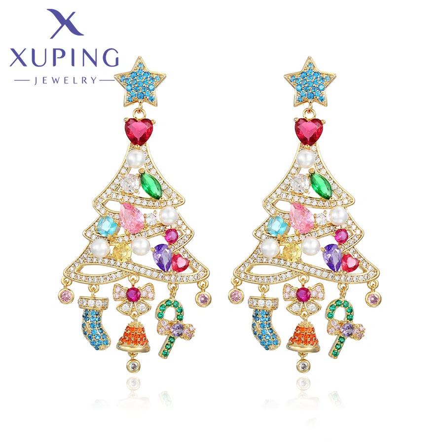 Xuping Jewelry Fashion 14k Gold Plated Creative Festival Gift Christmas Tree Colorful Stone Pendant Women Earring