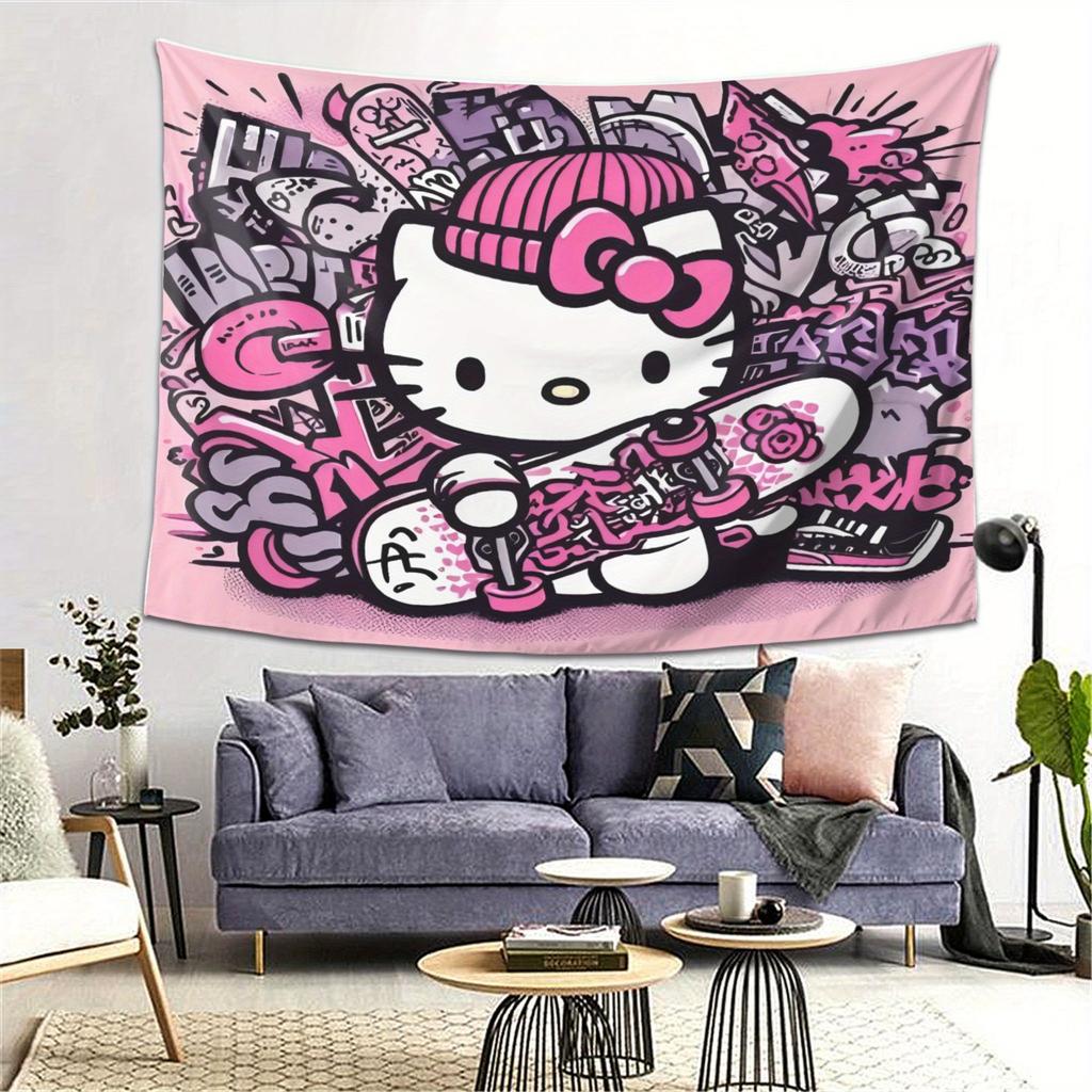 Kawaii Hello Kitty Pink graffiti in urban streets Print Tapestry Bedroom Decoration  Celebration Background Design Holiday Party