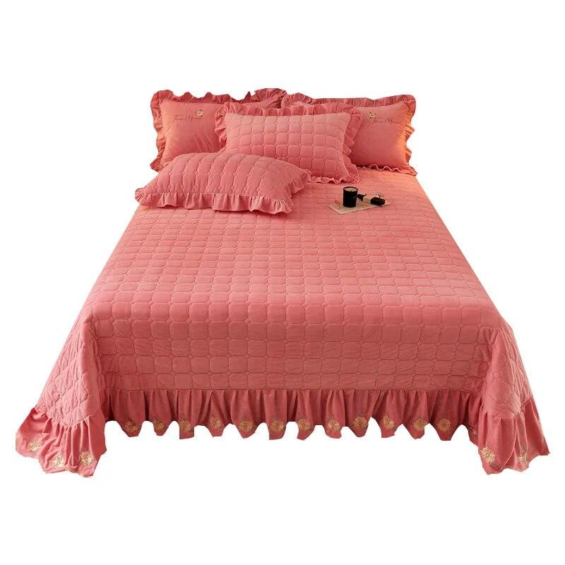 Плотное бархатное покрывало и наволочка, двойное покрывало Queen King, стеганая мягкая простыня, юбка с рюшами и вышивкой