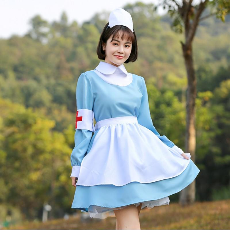 Kids Nurse Costume Blue White Maid Dress