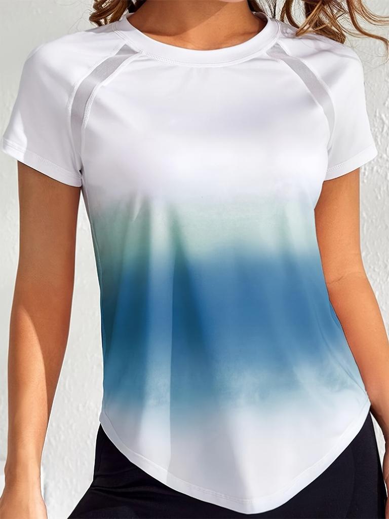 Women's Sports Gradient Blue-Green T-Shirt, Short Sleeve, Crew Neck, Casual Summer Gradient Top