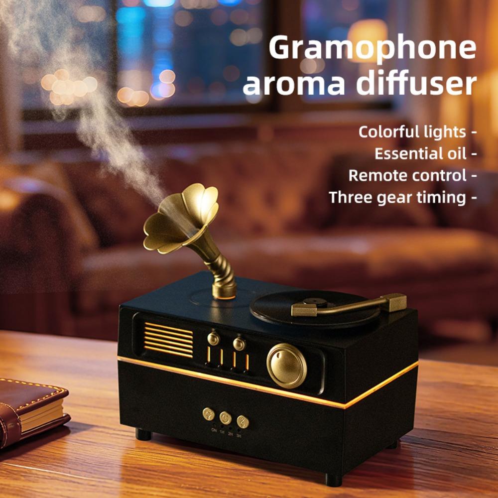 Vintage Bronze Gramophone Diffuser, Bluetooth Speaker Humidifier, 7 Color Light Remote Timing Aroma Mist Maker