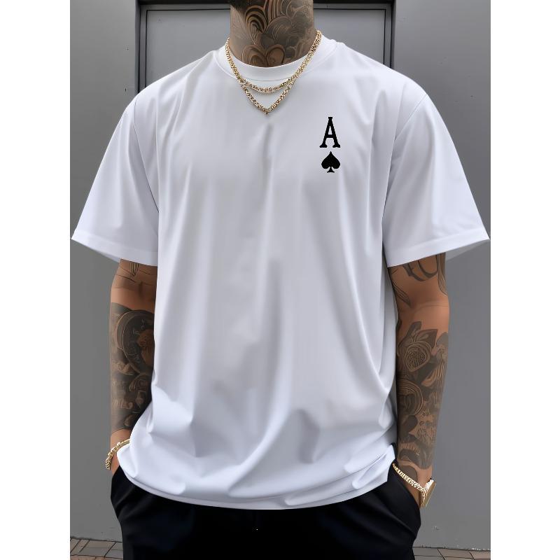Европейские размеры Мужские Туз пик (Лопата А) Футболка с принтом логотипа - Черная повседневная футболка с коротким рукавом и круглым вырезом с культовым дизайном карточной масти