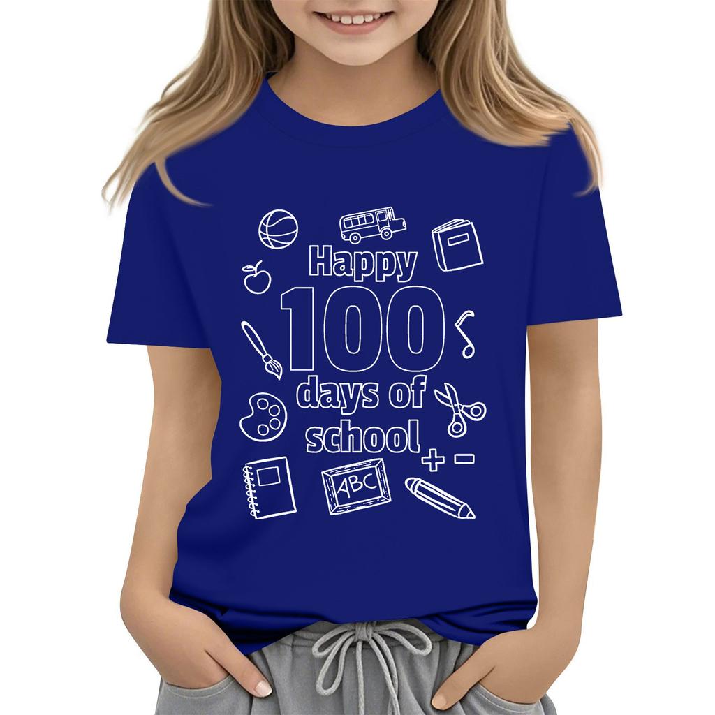 Kids Fashion Casual Short Sleeve 100 Day School Anniversary Printed Round Neck T-Shirt Top