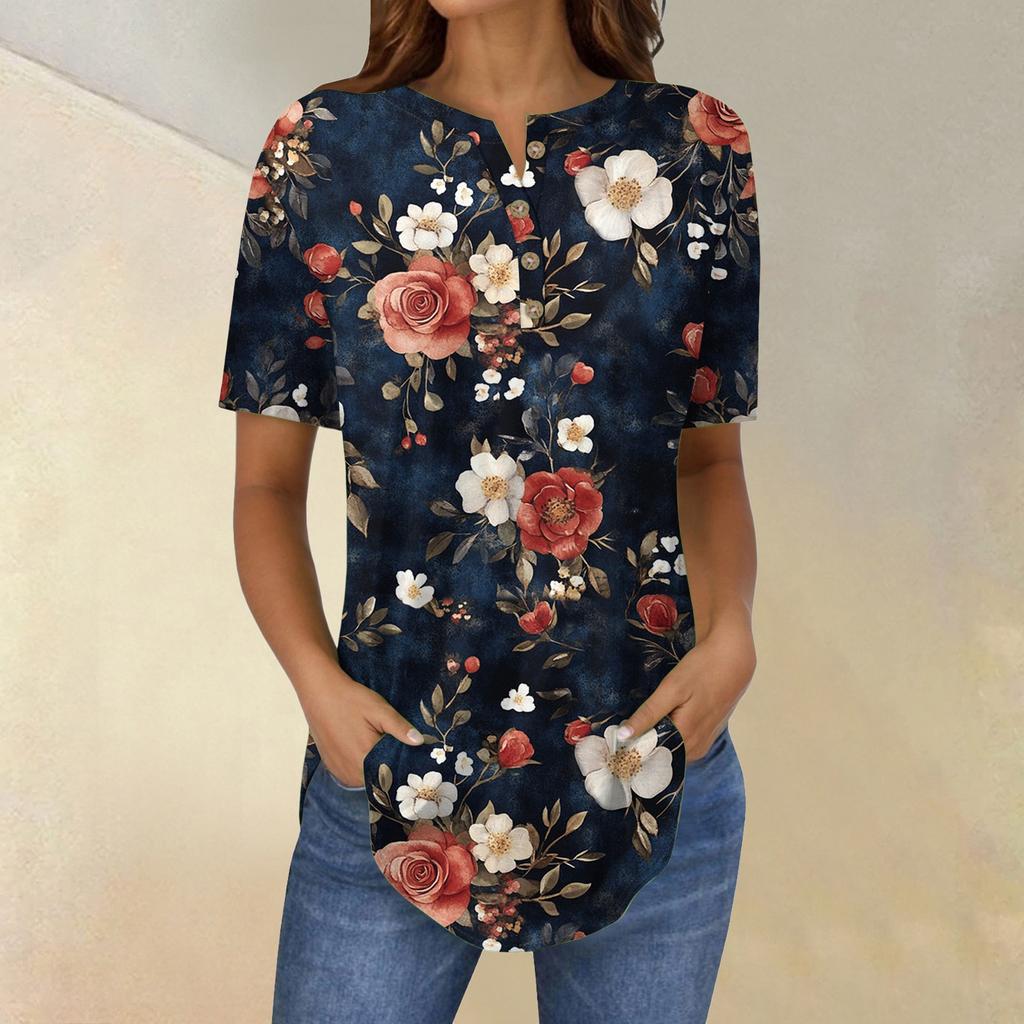 Short Sleeve Womens Tops Summer T-Shirts Floral Print V Neck Casual Basic Tee Button Shirts Tunic Tops