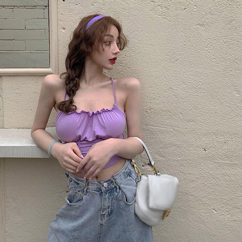 Летний женский сексуальный жилет приталенного кроя для ношения на улице с лямками и обхватом груди, фиолетовый, один размер, майки-слинги