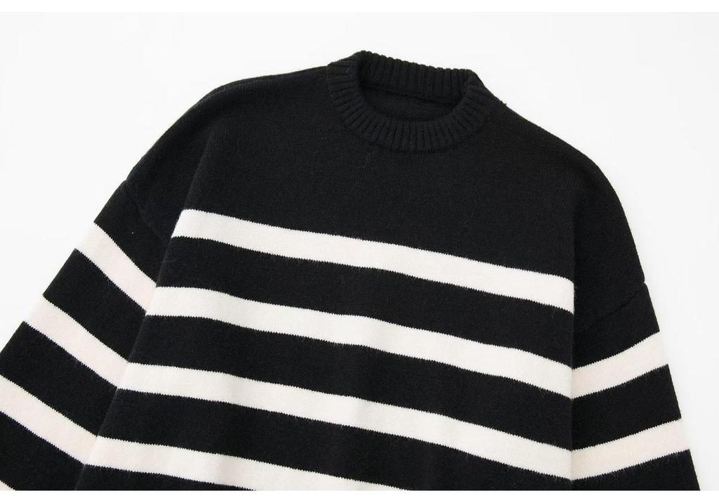 European Autumn 2023 Women's Striped Round Neck Knit Sweater