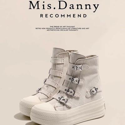 Модные парусиновые ботинки на толстой подошве и высоком каблуке, в повседневном французском стиле, дышащие, с пряжками, модная женская обувь