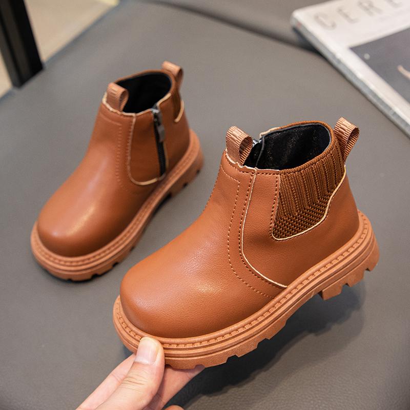 Кожаные ботинки для мальчиков и девочек, боковая молния, ретро британский стиль, детская мода, носки-ботинки 2024 весна-осень, детские ботильоны 2024