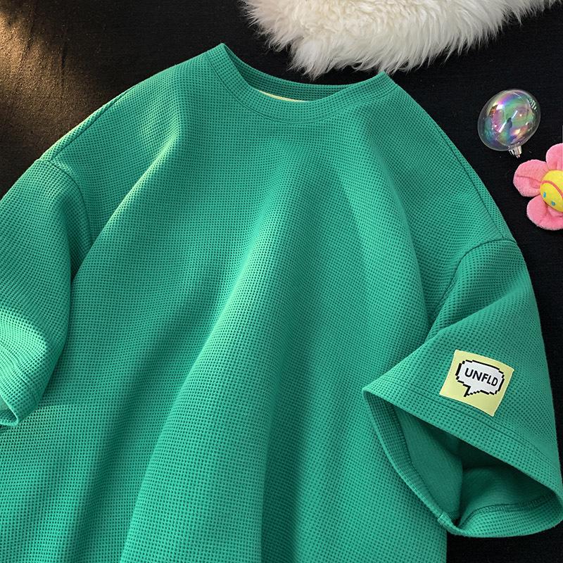 Мужская летняя футболка свободного кроя в японском стиле с вафельным узором