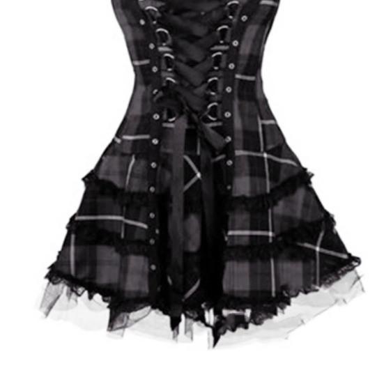 Steampunk Mini Medieval Dress for Women Plaid Renaissance Corset Lace Trim