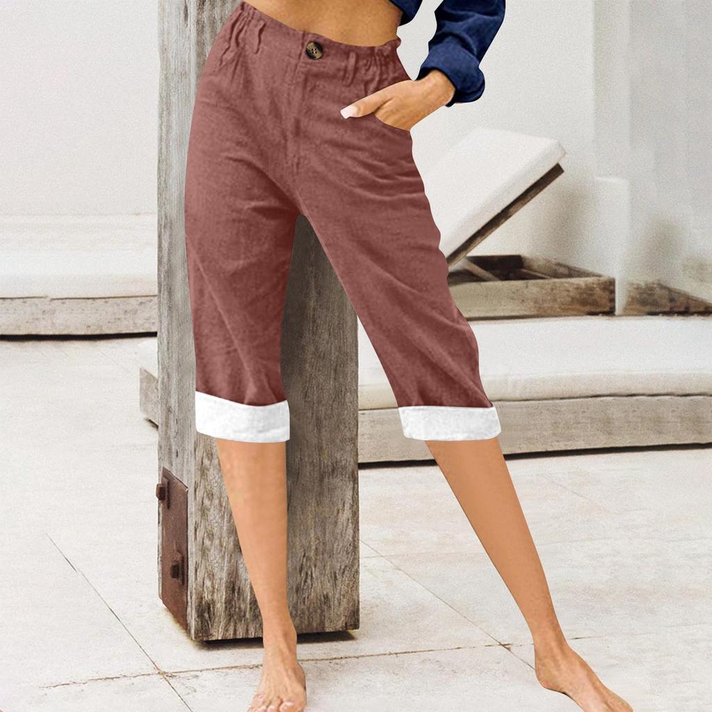 Fashion Pants For Women Solid Color Cotton Linen Fashion Loose High Waist Casual Cropped Pants