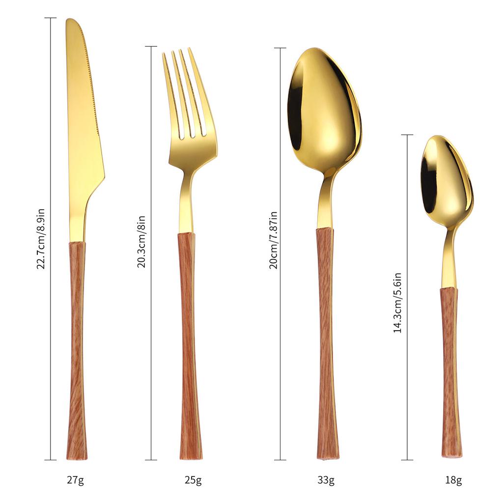 Набор столовых приборов из нержавеющей стали золотистого цвета из четырех предметов: нож, вилка и ложка с пластиковой ручкой, принадлежности для креативной кухни и отелей.