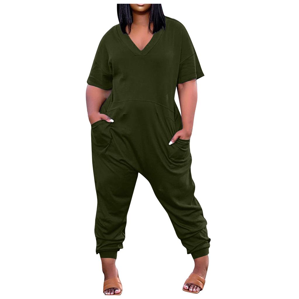 Женский свободный повседневный комбинезон больших размеров с v-образным вырезом и короткими рукавами, однотонный карманный комбинезон