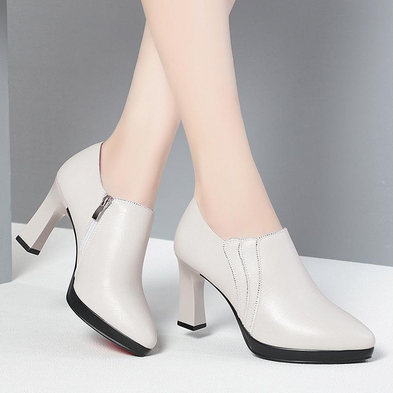 Fashion Comfortable Pointed Toe Deep Mouth Soft Leather Shoes Women's Pumps 2024 Fall Block High Heels For Office Model Mom Elegant