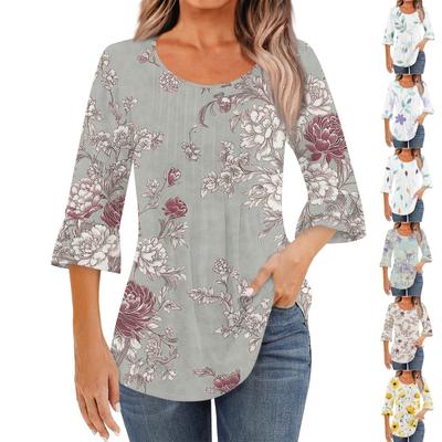 Женская модная повседневная плиссированная футболка с круглым вырезом и цветочным принтом, рукав три четверти