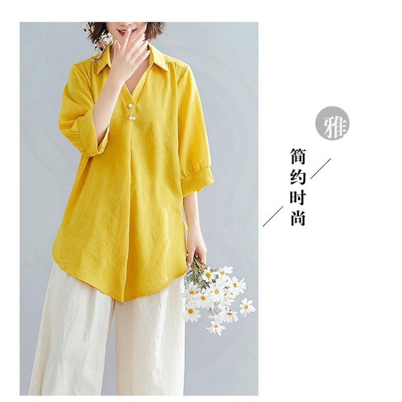 Летняя женская рубашка с короткими рукавами, элегантный V-образный вырез, нерегулярный хлопковый лен, удобный свободный повседневный дышащий топ