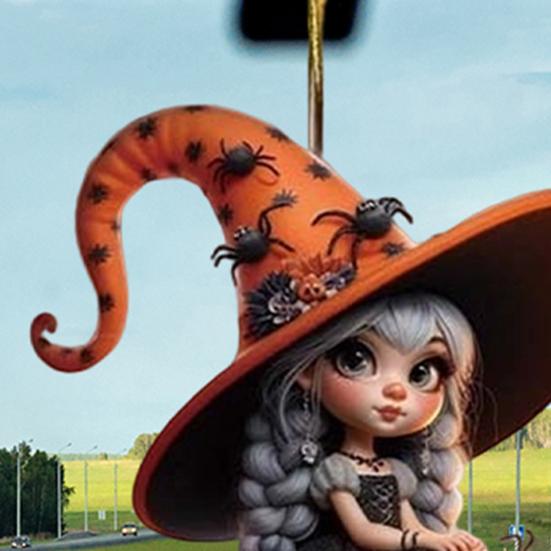 Halloween Witch Pendant Acrylic Car Charm Rearview Mirror Decoration Festive Atmosphere Scene Accessory