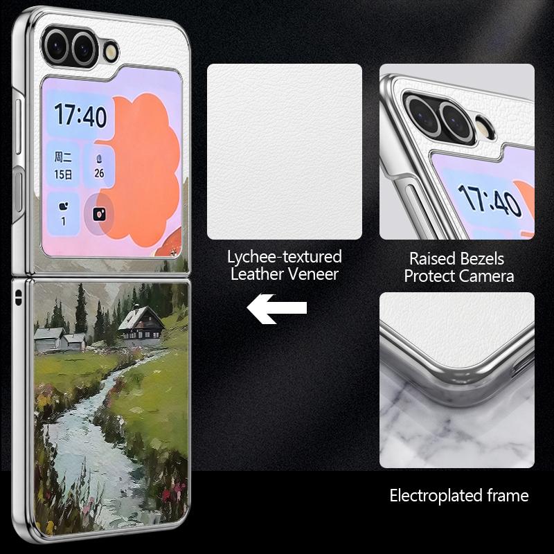Кейс-Арт 'Горная Долина' для кемпинга для Samsung Galaxy Z Flip 8 7 FE 6 5 4 Z Flip8 Flip7 Flip6 Flip5 Роскошная Позолоченная Кожаная Накладка Чехол для Телефона