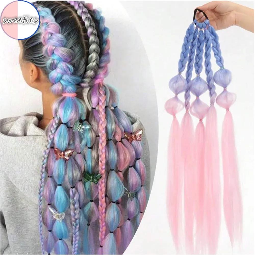 60СМ Цветная Коса-пузырь Синтетический Парик Модный Хип-хоп Цветной Градиент Женский Парик Имитация Натуральных Высокотемпературных Шелковых Волос