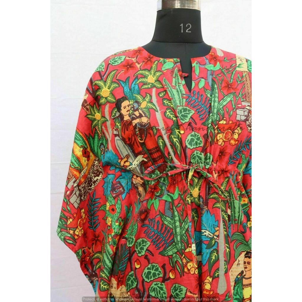 Индийское красное хлопковое платье с принтом Фриды Кало в стиле хиппи, женское ночное платье-кафтан CKFTN-SCRN-FULL-BUYIT-018