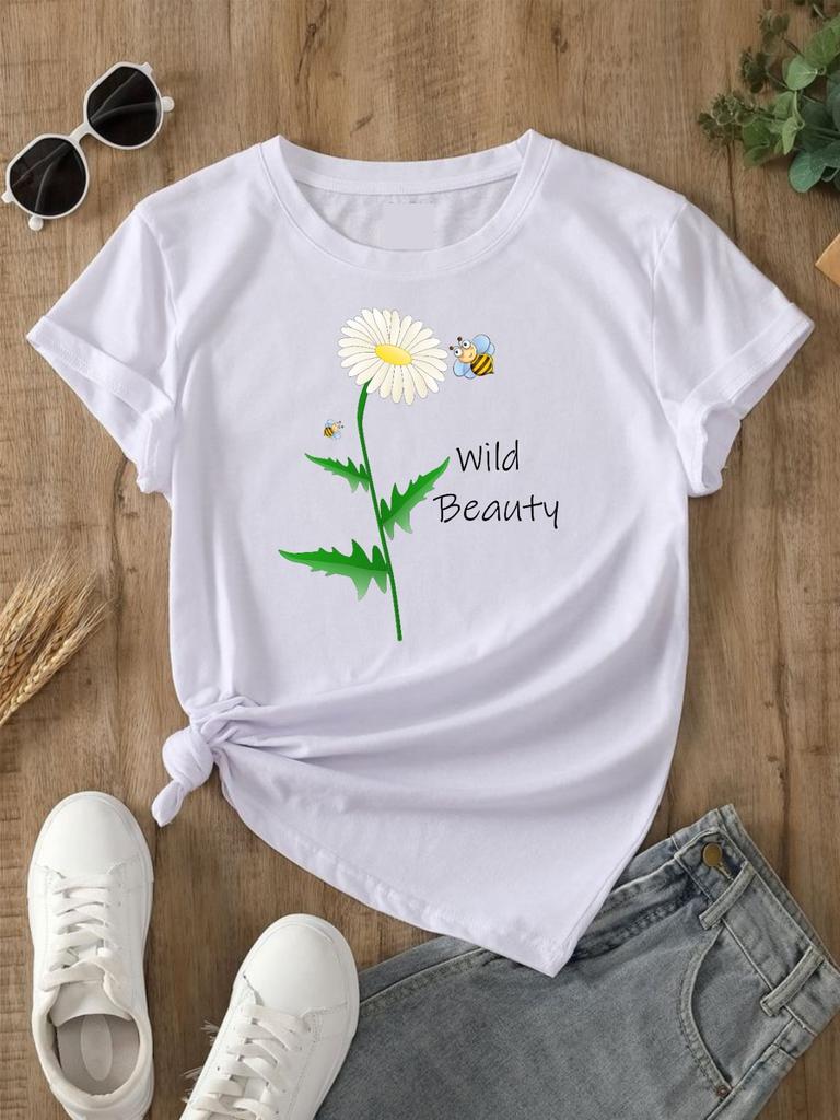 Wild Beauty Flower TShirt Floral Bee Daisy Organic Cotton Unisex Shirt Top Tee