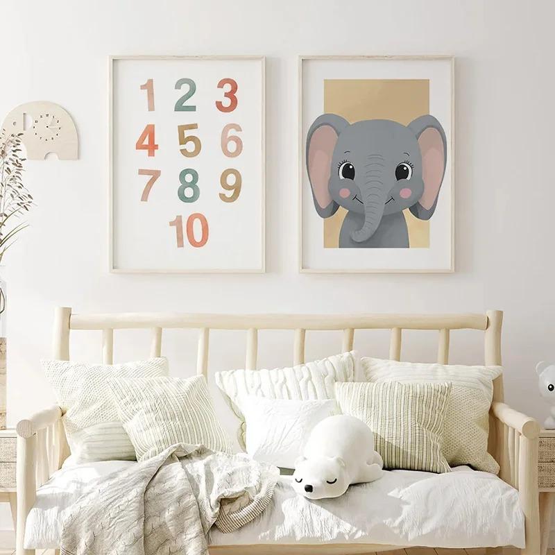 Cartoon Rainbow Elephant Lion Zebra Animal Posters Nursery Letter Wall Art Canvas Painting for Baby Bedroom Kids Room Decoration