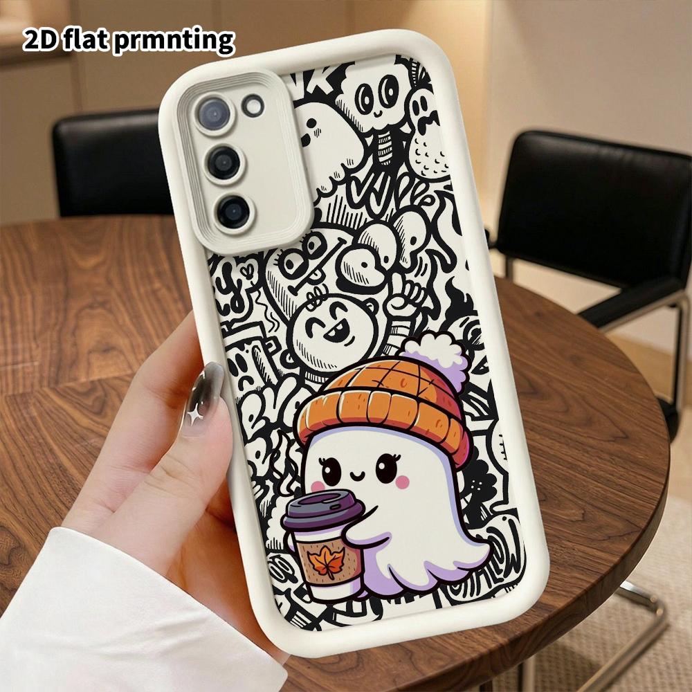 Phone Case: 2D Flat Samsung Galaxy A34 A35 M05 M06 S20 S22 S21 FE Plus 5G Protective Case, Little Coffee Ghost, Christmas and Halloween Gift