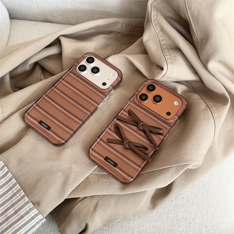 Maillard Brown Stripe 3D Bowknot Phone Case for iPhone 17/16 Pro Max/15/14 for Women