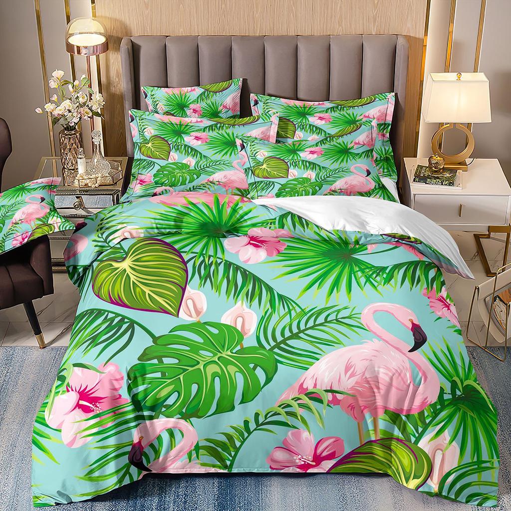 Flamingo Three-Piece 3D Printed Parrot Toucan And Tropical Flower Quilt Cover Pillowcase Bedding