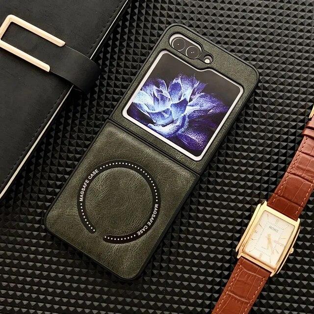 Кожаный магнитный чехол для телефона Magsafe с беспроводной зарядкой для Samsung Galaxy Z Flip 5 4 3 Flip5 Flip4 Flip3 5G противоударный чехол
