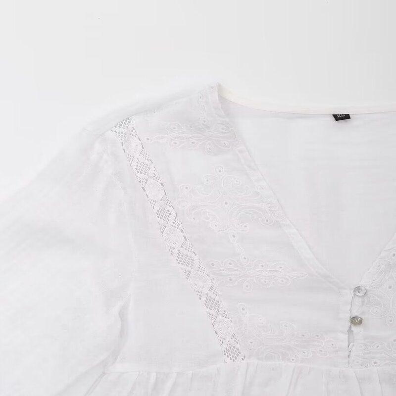 Western Style 2024 Summer New Women Loose All-Match Vertical Lace and Embroidery Decoration Shirts 2298096