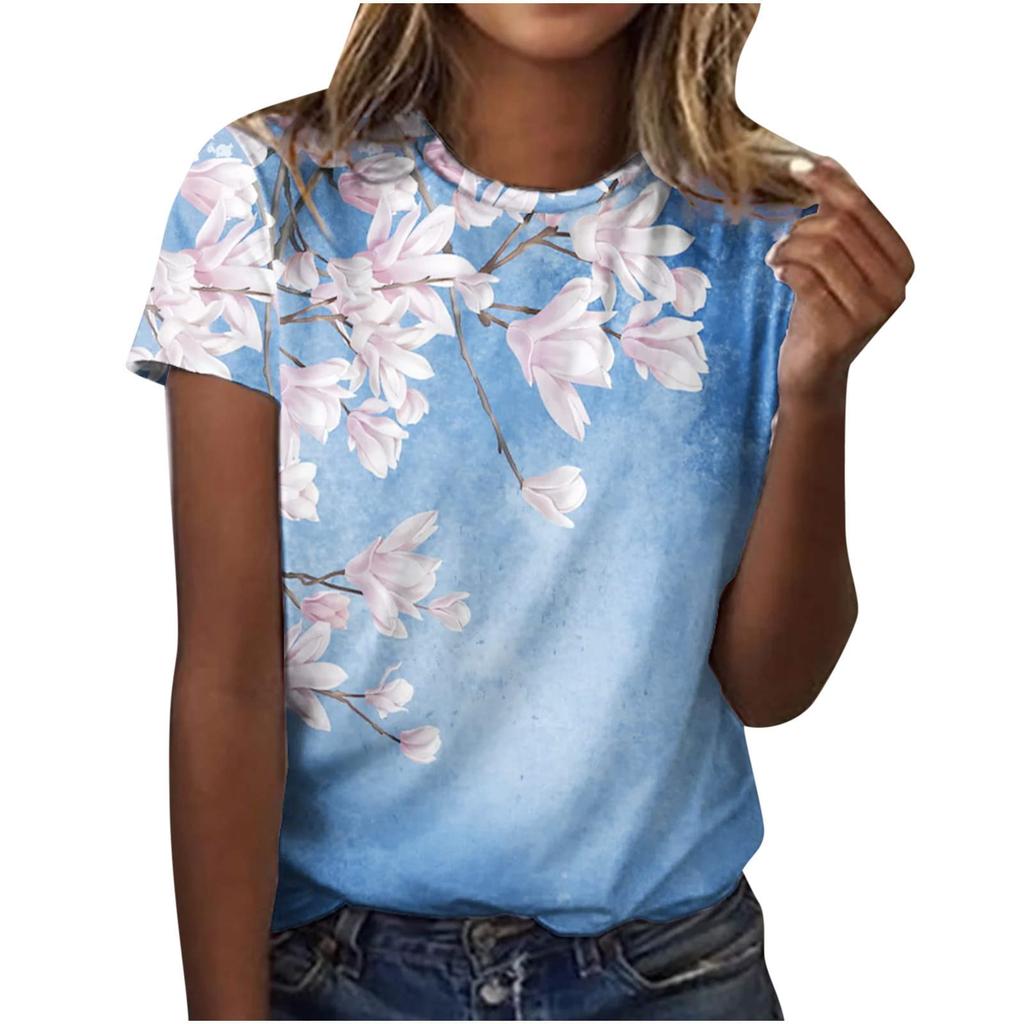 2026 New Summer Temperament Women's Sunrise Printed Women's T-shirt Round Neck Short Sleeve Street Casual Daily Basic Tops