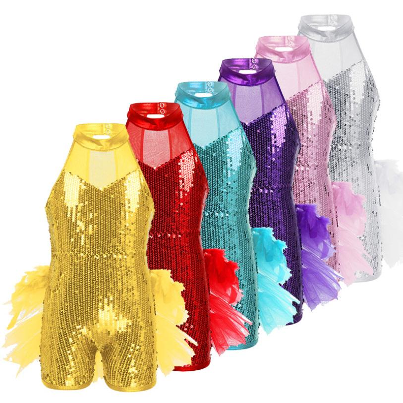 Children Girls Jazz Latin Dance Costume Sleeveless Sequins Stage Performance Costume Ballet Dance Wear