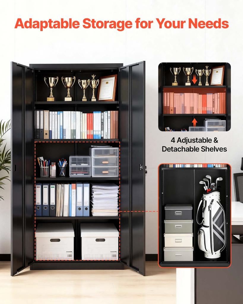 Metal Storage Cabinet, 175 cm Lockable Steel Garage Cabinet with 4 Adjustable Shelves, 2 Magnetic Doors, 2 Keys, 5 Tiers Tool Storage for Pantry,