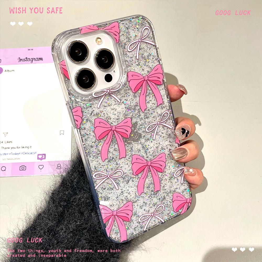 Блестящий бант подходит для чехлов для телефонов iPhone16 Apple 15 Высокая прозрачность 14 и 13 Защитные чехлы 12 и 11 Жесткие чехлы