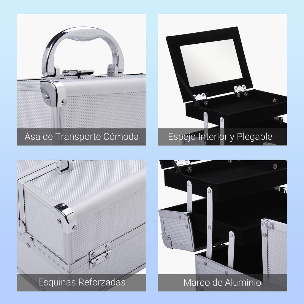 Professional Makeup Case Portable Cosmetic Case with 3-Level Trays and Mirror 2 Keys for Jewelry Manicure Travel 20x15x15 cm Silver