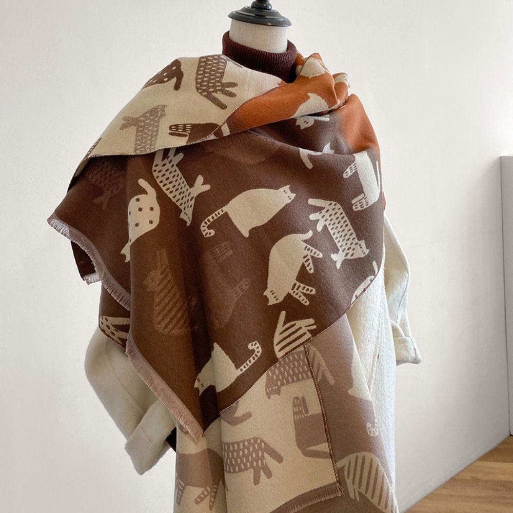 Korean Style Cat Knitted Scarf Lightweight Cashmere Shawl Trendy Kitty Jacquard Weave Scarf Unisex