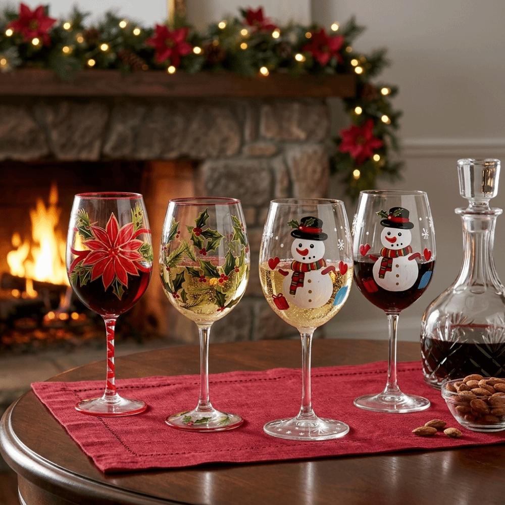 Poinsettia Clear Stemmed Cup 2D Hand Painted Glass Goblet Christmas Gifts Red Wine Cup Restaurant