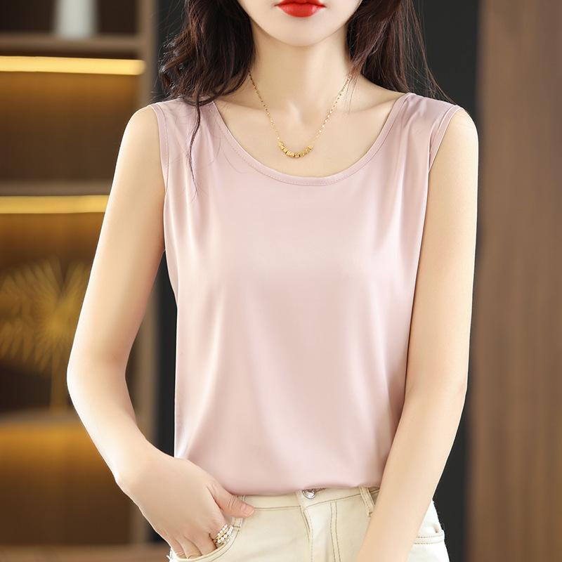 Satin Silk Vest Summer Women's Vest Pullover Short Top Sleeveless Vest Round Neck Solid Color Camisole