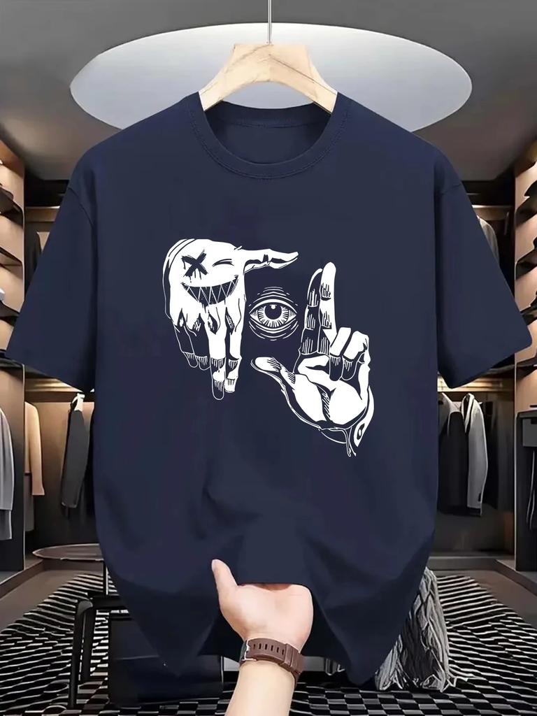 2025 Summer Men's 100_ Pure Cotton Casual Loose Plus Size Gesture Eye Personalized Pattern Printed Round Neck Short Sleeved